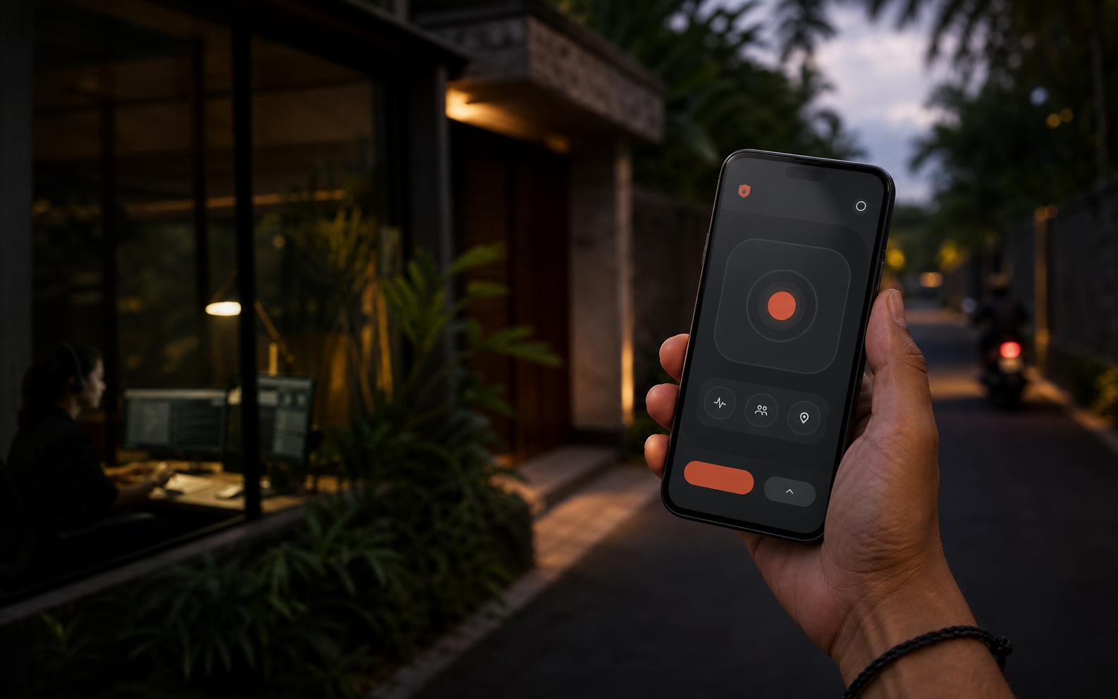A phone with a discreet safety app outside a Bali villa while a dispatcher works inside.