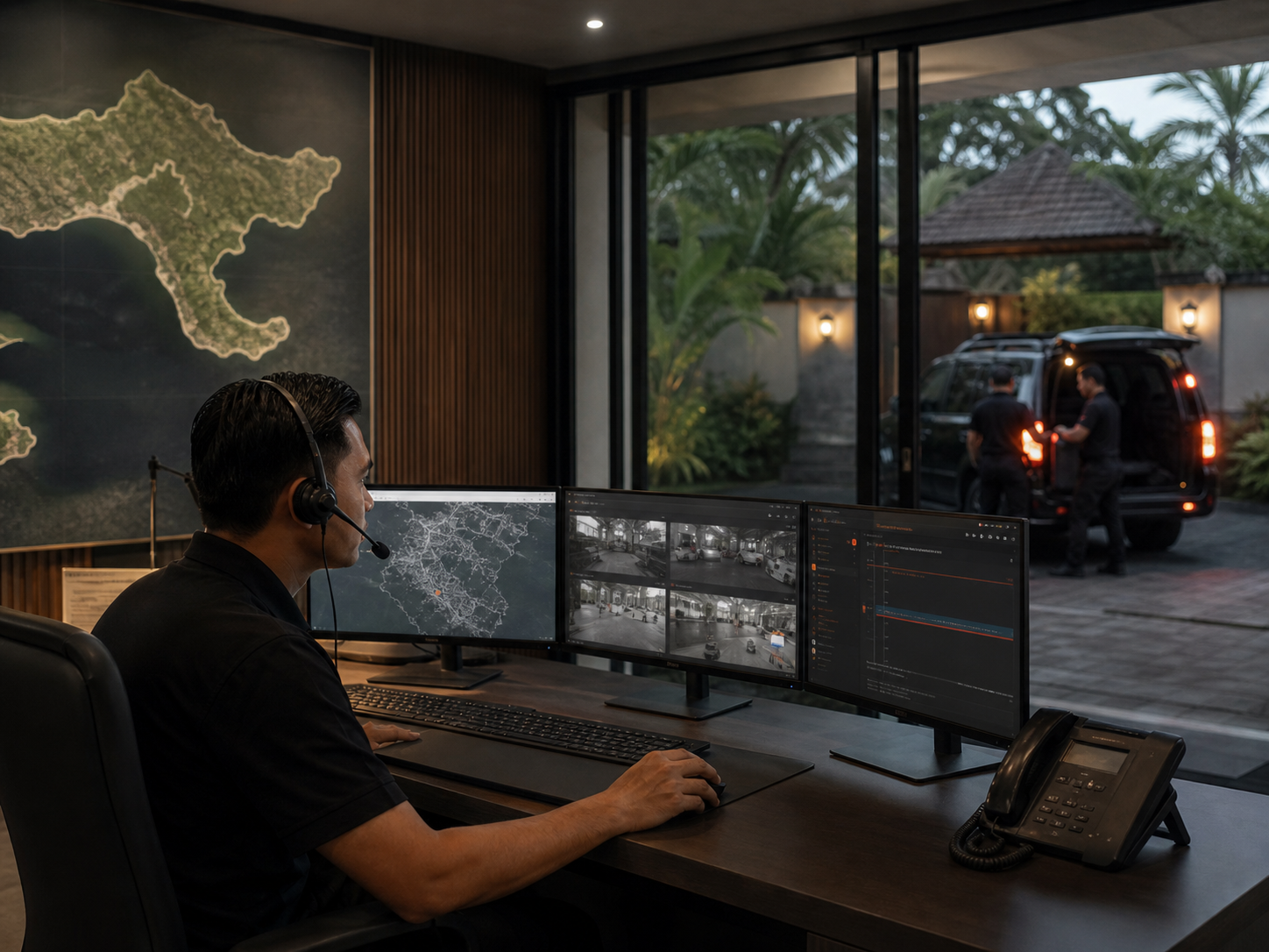 A dispatcher reviews a private response handoff from an operations room near a villa.